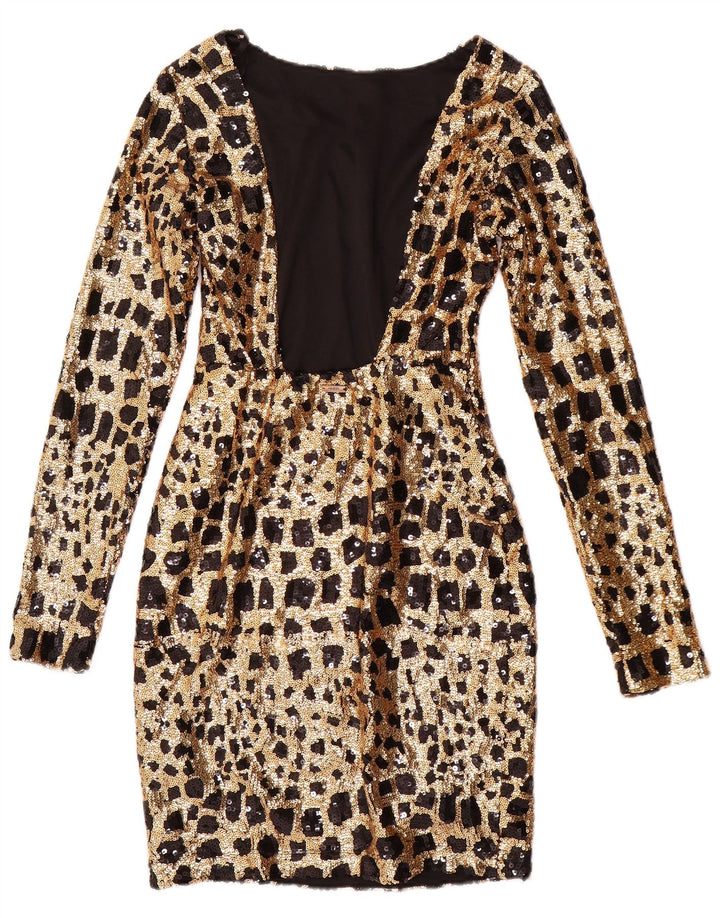 GUESS Robe moulante à manches longues et paillettes pour femme UK 6 XS Doré géométrique