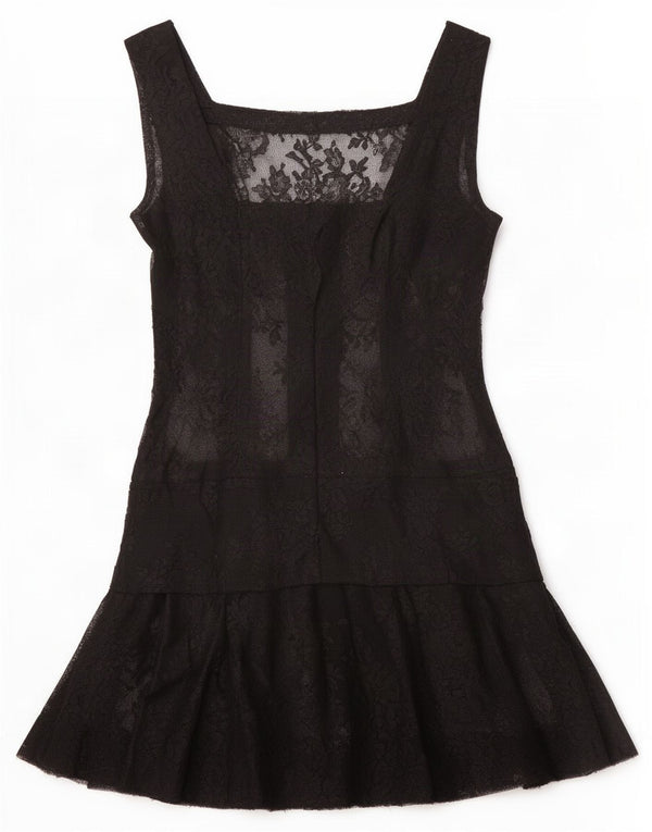 vintage Femmes Voir à travers la robe à plusieurs niveaux sans manches UK 10 Petit Floral Noir