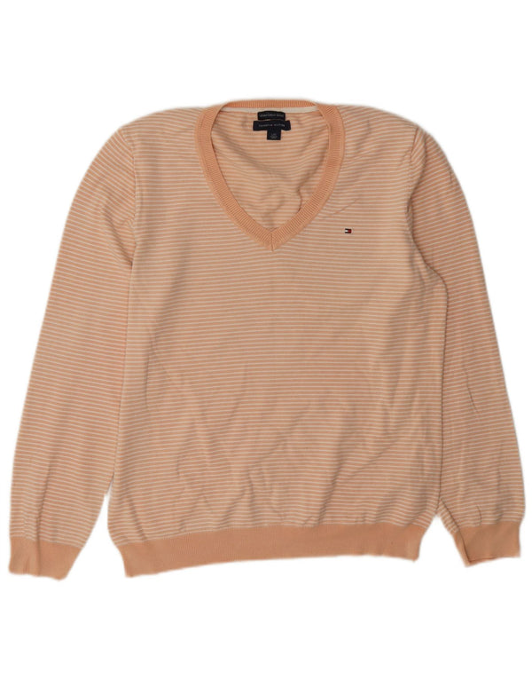 Tommy Hilfiger Pull col en V pour femme UK 16 Large Orange Rayé