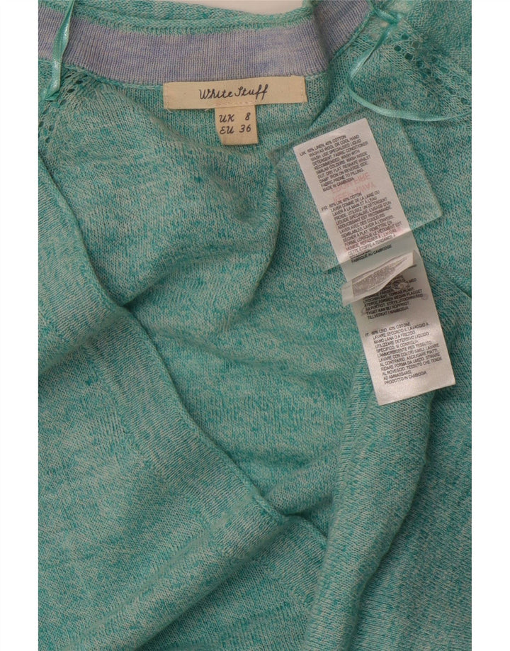 WHITE STUFF Pull Cardigan Femme UK 8 Petit Lin Moucheté Turquoise