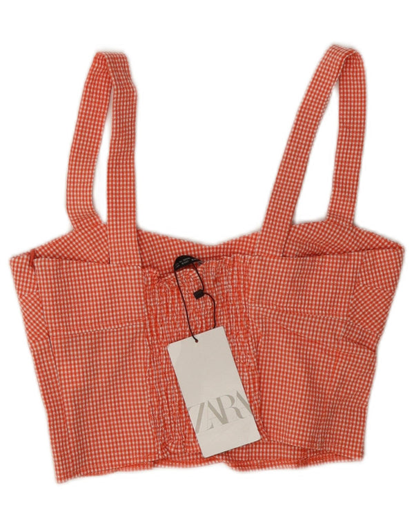 Zara Womens Haut court sans manches UK 8 Petit coton vichy rouge