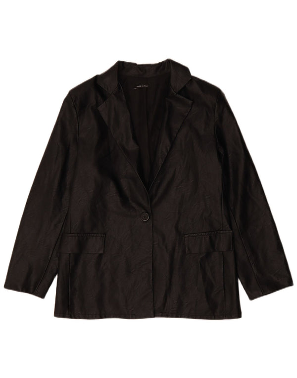 VINTAGE Femmes 1 Bouton Faux Cuir Blazer Veste UK 12 Moyen Noir