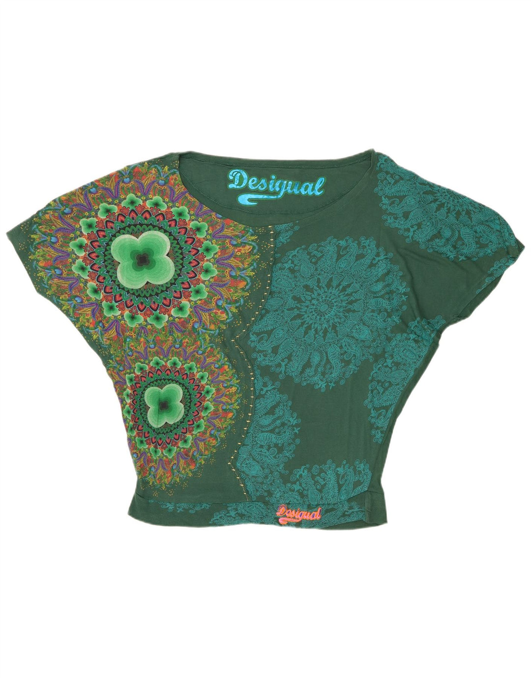 Desigual Womens Oversize Graphic Batwing Blouse Top UK 14 Vert Moyen