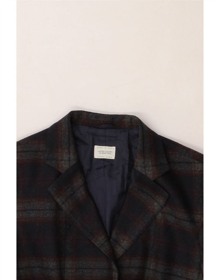 BENETTON Womens 3 Button Blazer Jacket IT 44 Medium Navy Blue Check Wool Vintage Benetton and Second-Hand Benetton from Messina Hembry 