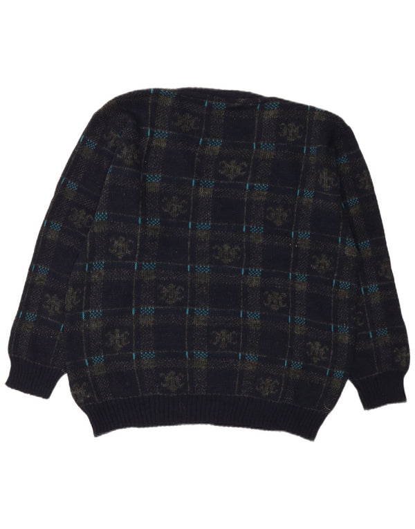 vintage Mens V-Col Jumper Sweater IT 50 Moyen Marine Bleu Géométrique Acrylique