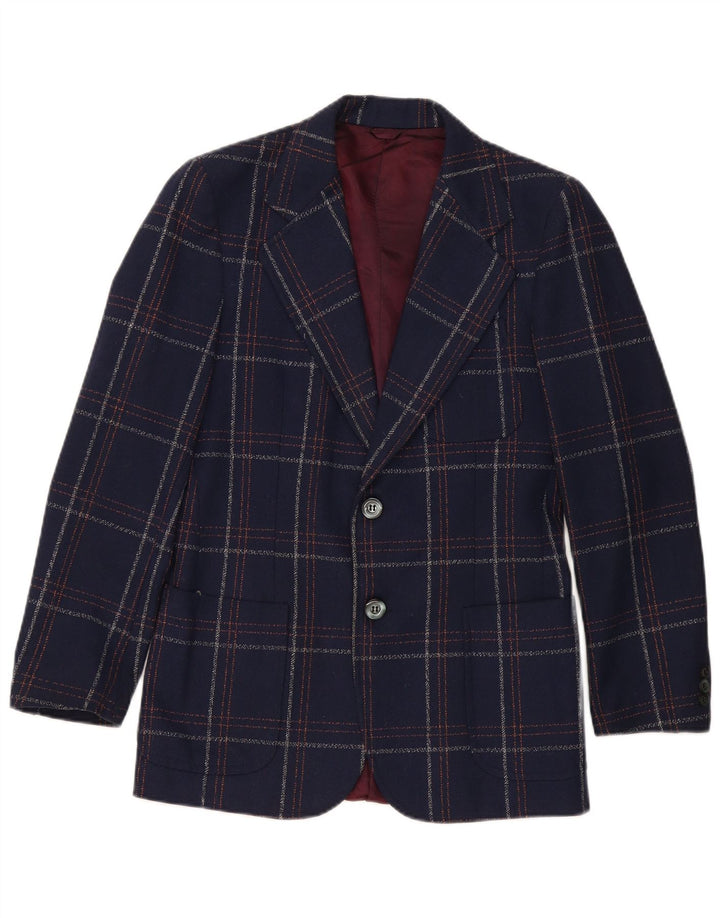 vintage Homme 2 Bouton Blazer Veste UK 36 Petit Bleu Marine Plaid Classique