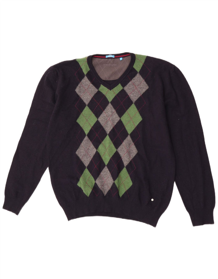 Burlington Pull col V pour homme XL Bleu marine Argyle/Diamant