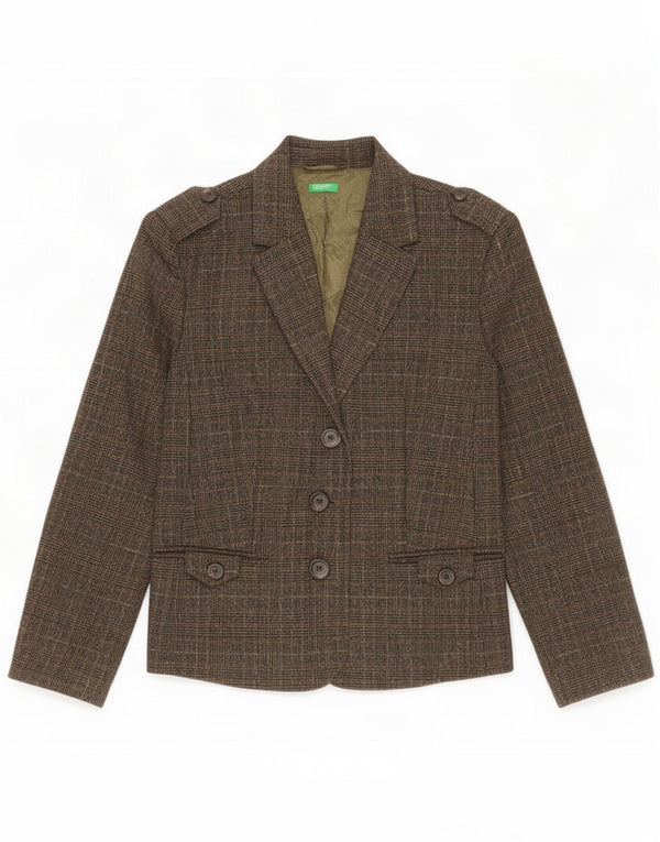 Benetton Veste blazer militaire à 3 boutons pour femme IT 46 Grand carreaux kaki