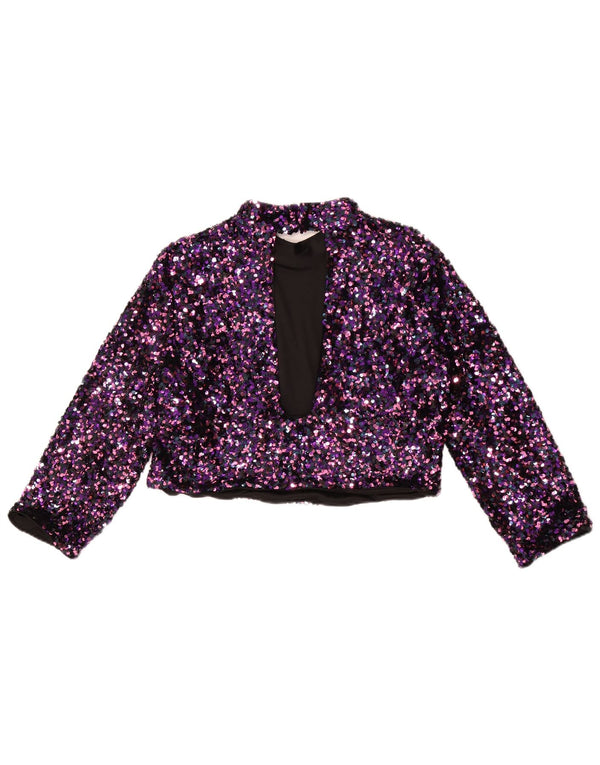 Zara Womens Crop 3/4 Sleeve Blouse Top UK 14 Large Violet Moucheté
