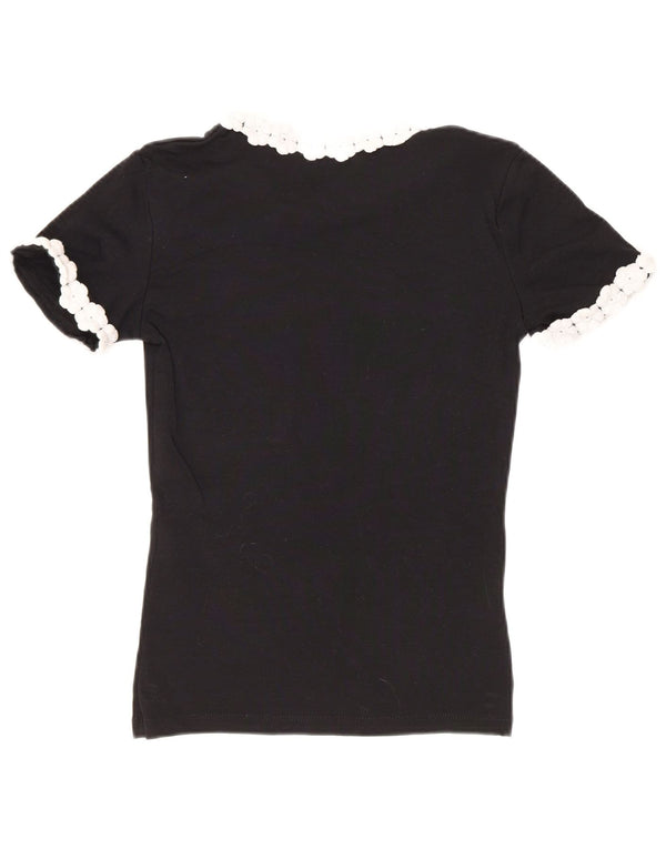 Zara Womens Crop T-Shirt Top UK 8 Small Black Floral Cotton