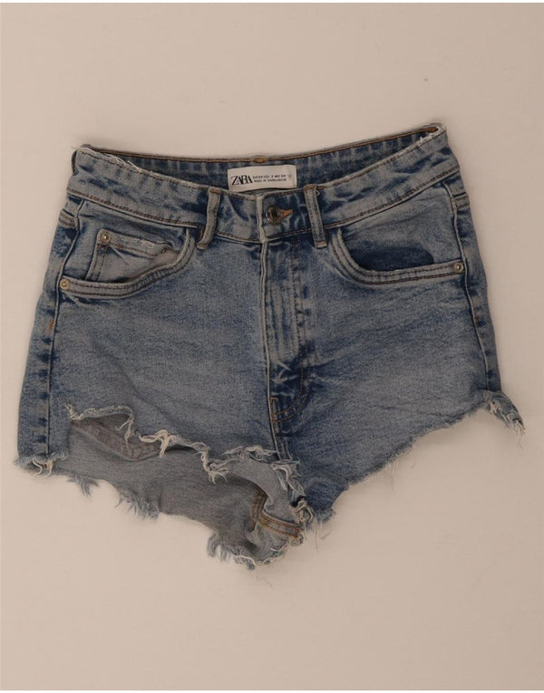 Zara Womens Denim Distressed Hot Pants EU 34 2XS W24 Bleu Coton