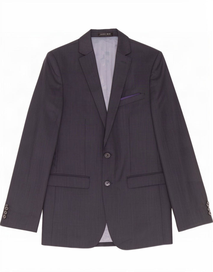 Zara Veste Blazer 2 Boutons Homme EU 48 Polyester Rayé Bleu Marine Moyen