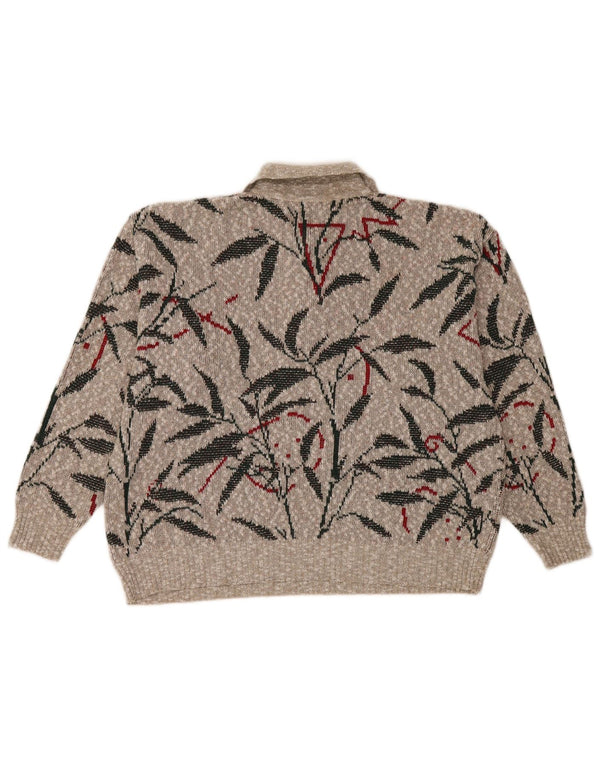 vintage Femme Polo Neck Jumper Pull UK 16 Grand Gris Floral