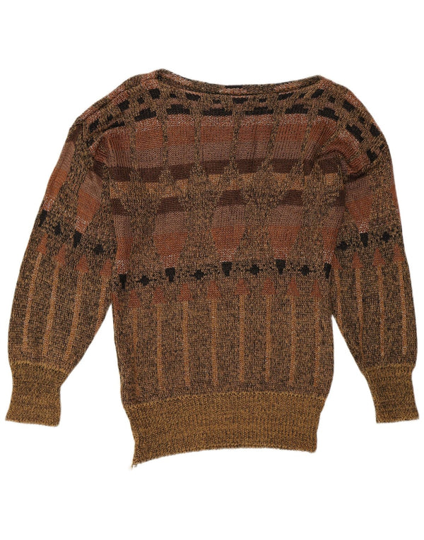 vintage Womens Boat Neck Jumper Sweater EU 36 Petit Marron Géométrique Rétro