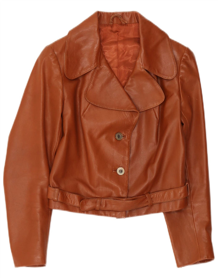 vintage Femme 2 Boutons Veste Blazer En Cuir UK 4 XS Marron