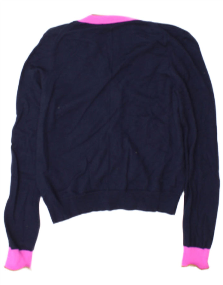 Jigsaw Cardigan Femme Pull UK 14 Moyen Bleu Marine Colorblock Laine
