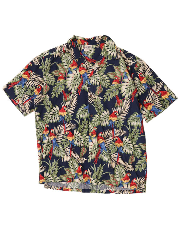 vintage Mens Hawaiian Short Sleeve Shirt XL Bleu Marine Coton Floral