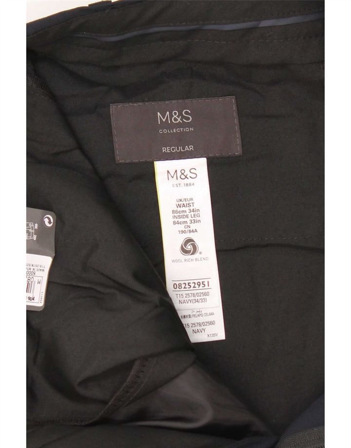 Marks & Spencer Pantalon de Costume Regular Homme W34 L33 Laine Bleu Marine