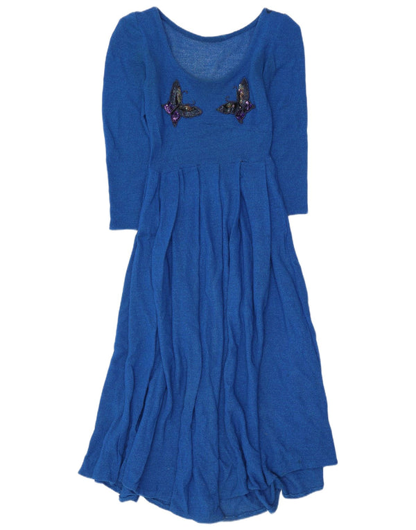 vintage Femmes Manches Longues Maxi Robe UK 4 XS Papillon Bleu