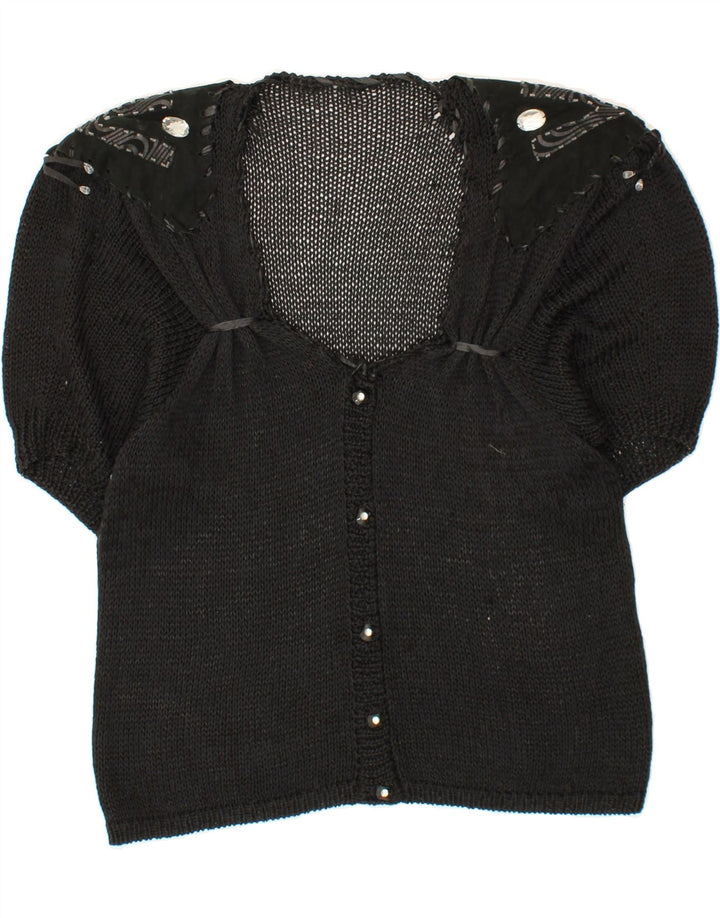 VINTAGE Womens Short Sleeve Cardigan Sweater UK 12 Medium Black Vintage Vintage and Second-Hand Vintage from Messina Hembry 