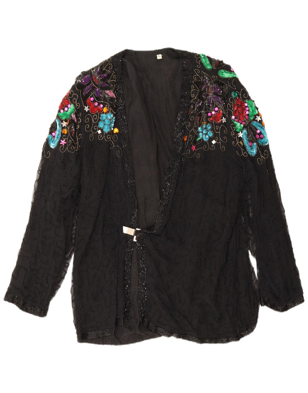 vintage Femme Soirée Blazer Veste UK 16 Grande Soie Florale Noire