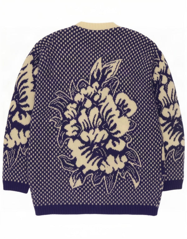 vintage Femme Cardigan Pull UK 16 Grande Laine Florale Bleu Marine