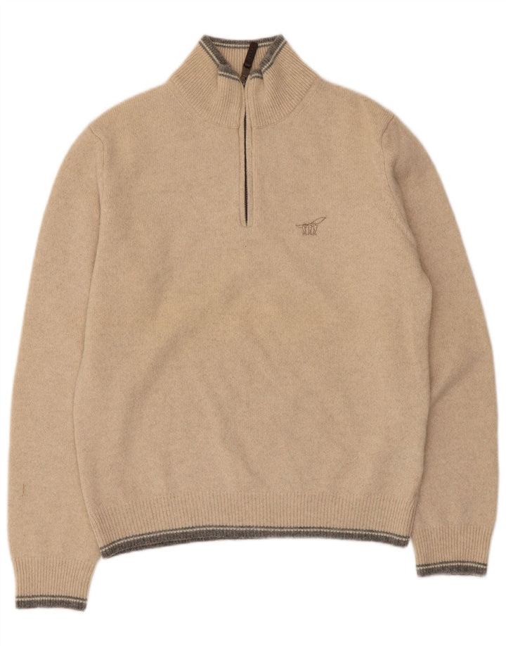 Henry Cottons Pull col zippé pour homme en laine vierge rayée beige moyen