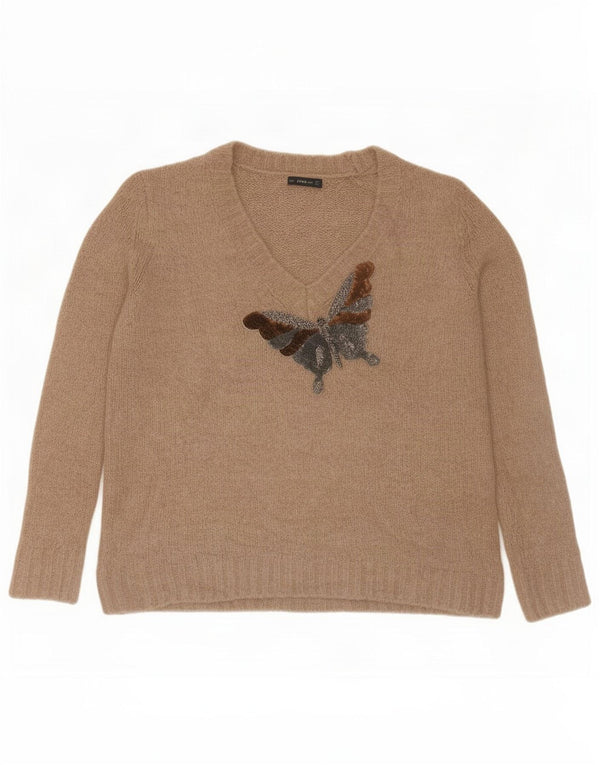 Zara Pull graphique à col en V pour femme UK 16 Grand papillon beige