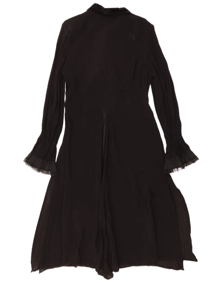 vintage Femmes Manches Longues Volant Avant Maxi Robe IT 44 Moyen Noir