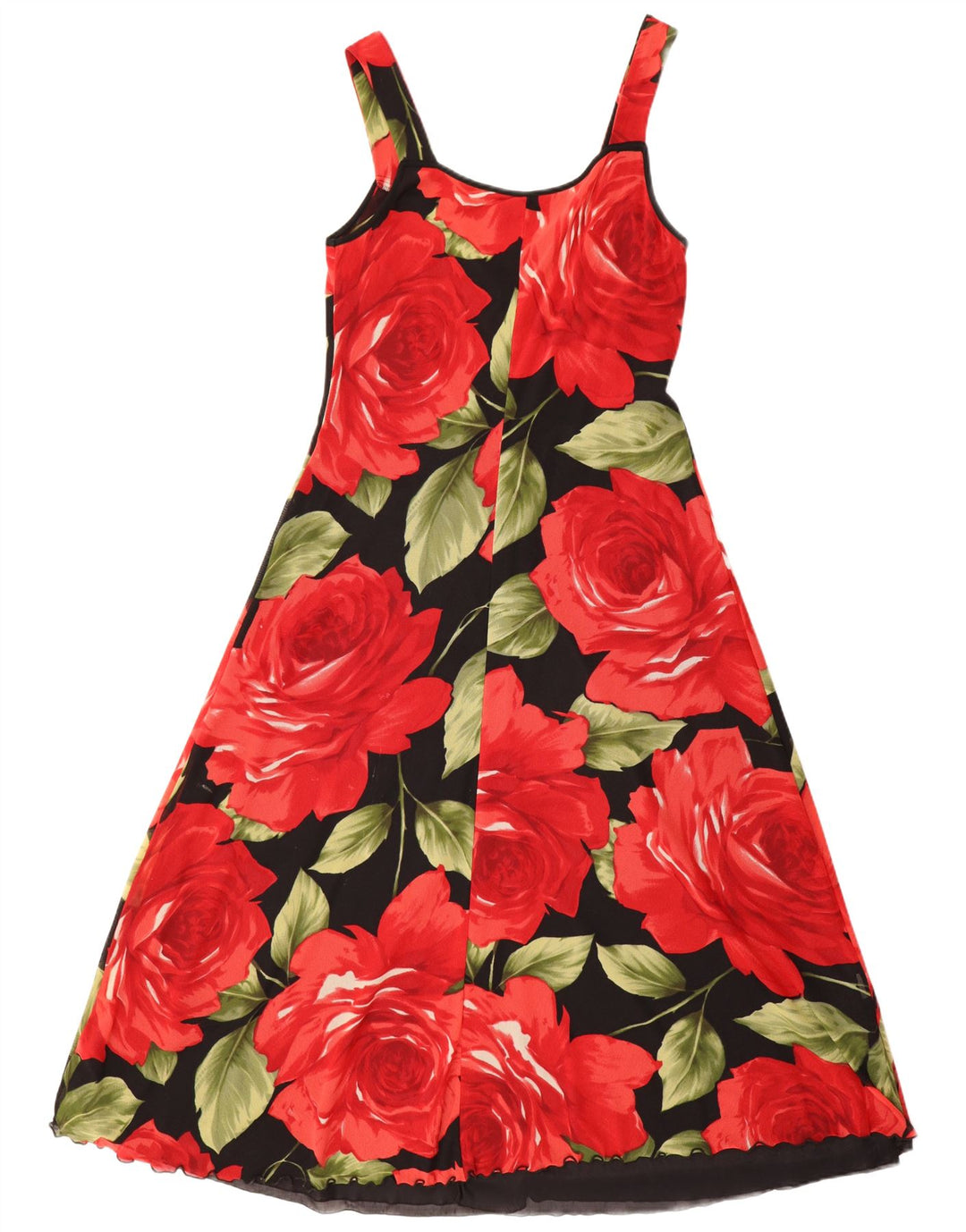 VINTAGE Femme Robe Maxi sans manches UK 12 Moyen Noir Floral Polyamide