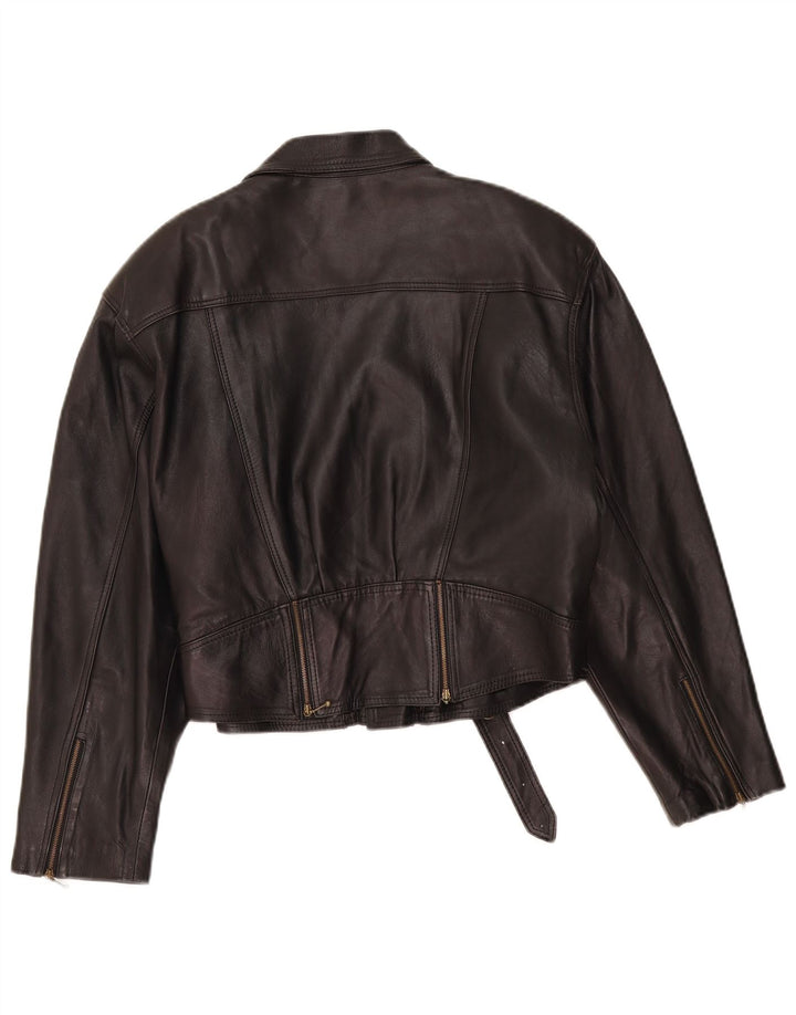 VINTAGE Veste motard en cuir femme UK 14 Cuir noir moyen
