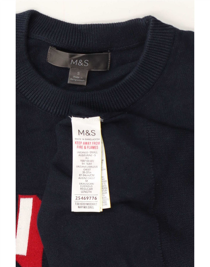 Marks & Spencer Pull graphique à col rond pour homme, petit, bleu marine