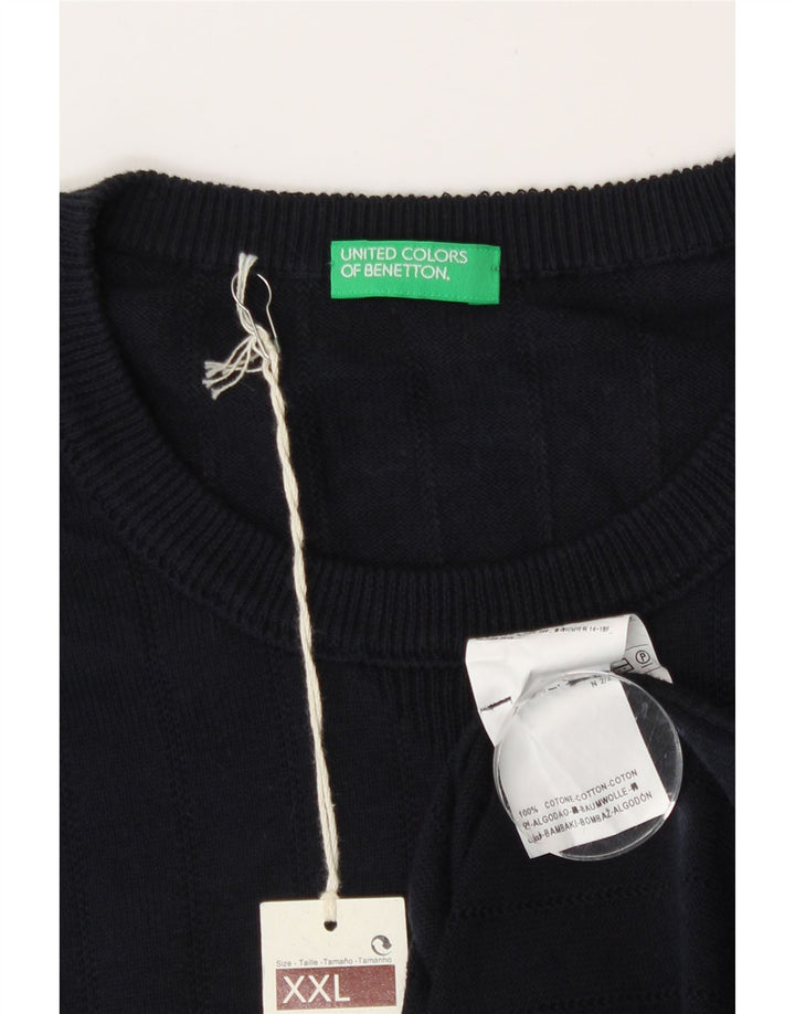 Benetton Pull graphique à col rond pour homme 2XL en coton bleu marine