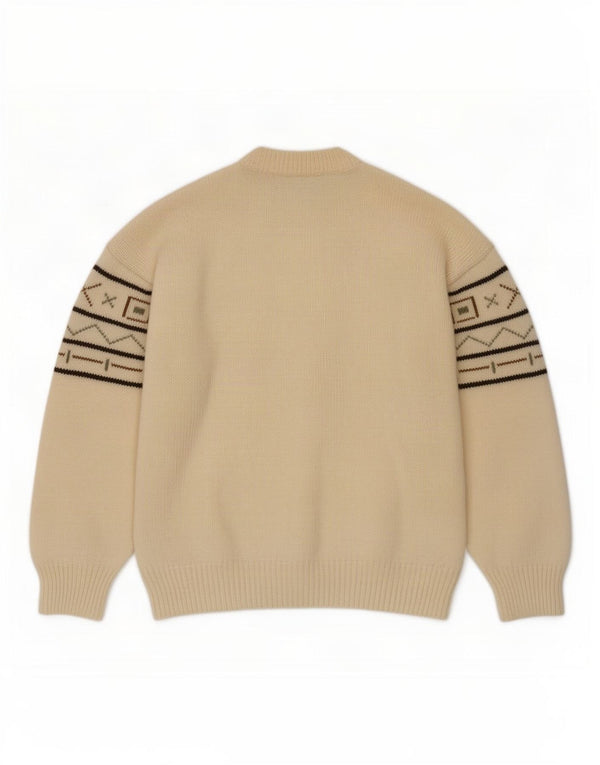 vintage Mens Crew Neck Jumper Pull Grand Blanc Cassé Géométrique