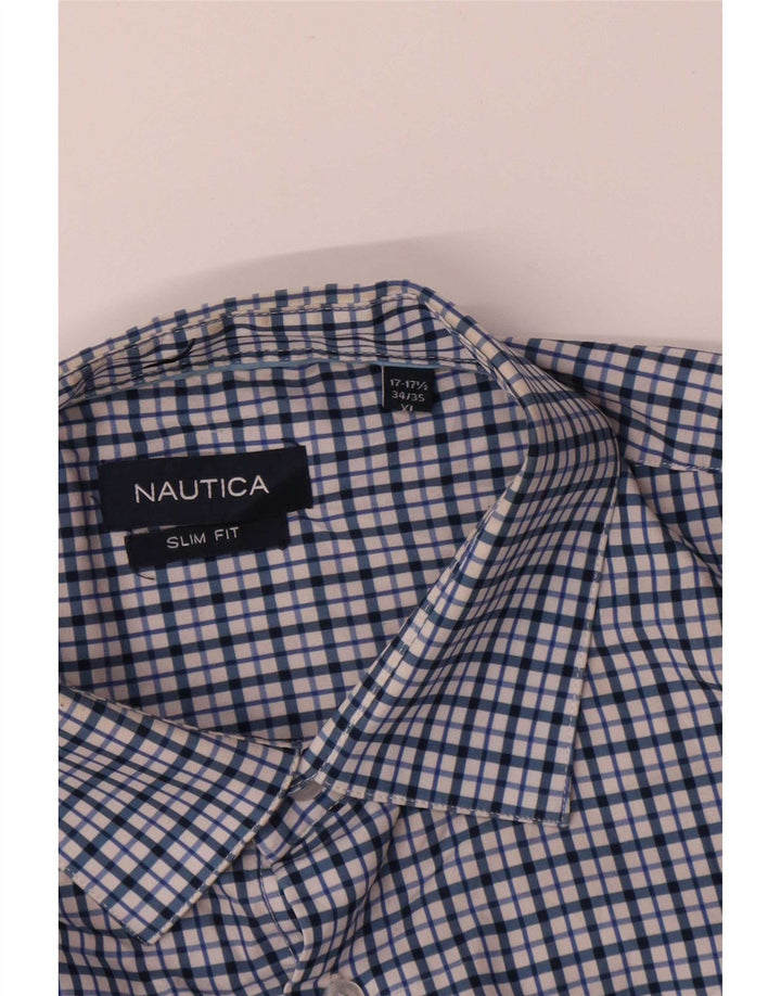 Nautica Chemise slim fit pour homme Taille 17 1/2 XL Bleu à carreaux Polyester