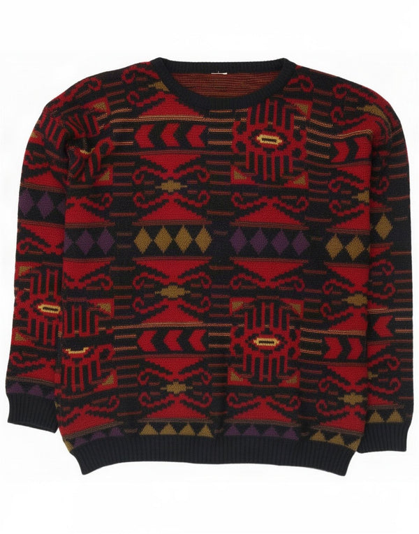 Vintage Womens Boat Neck Jumper Sweater UK 16 Large Multicolore Géométrique