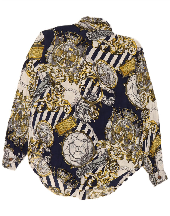 Chemise à motif abstrait femme vintage UK 14 Viscose bleu marine moyen