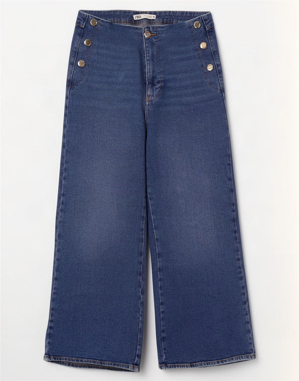 Zara Jean taille haute jambe large pour femme EU 42 Large W32 L27 Bleu
