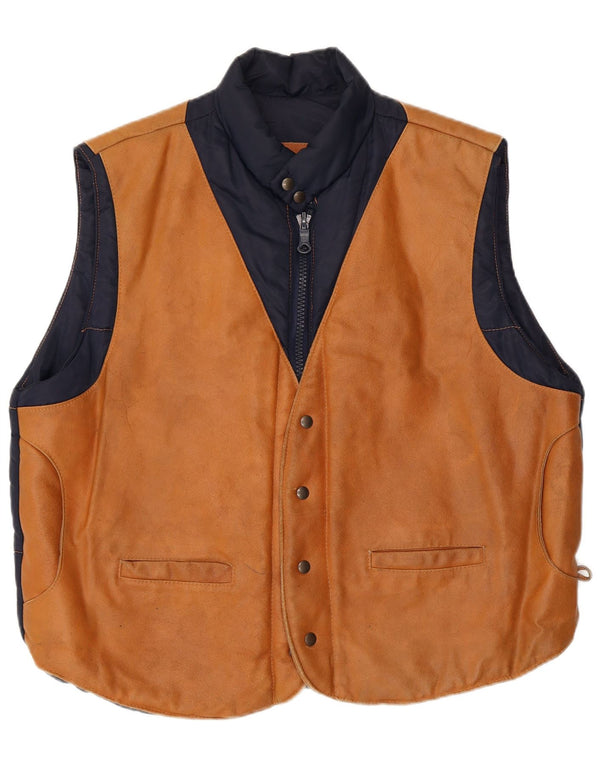 vintage Mens Cuir Rembourré Gilet UK 40 Grand Brown Colourblock