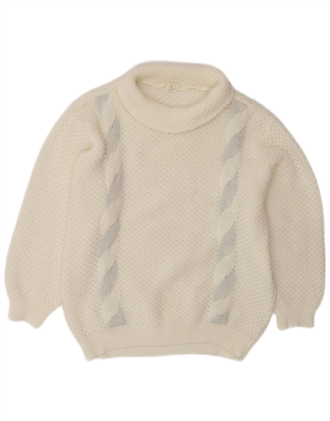 VINTAGE Pull surdimensionné à col roulé pour femme UK 14 Blanc moyen