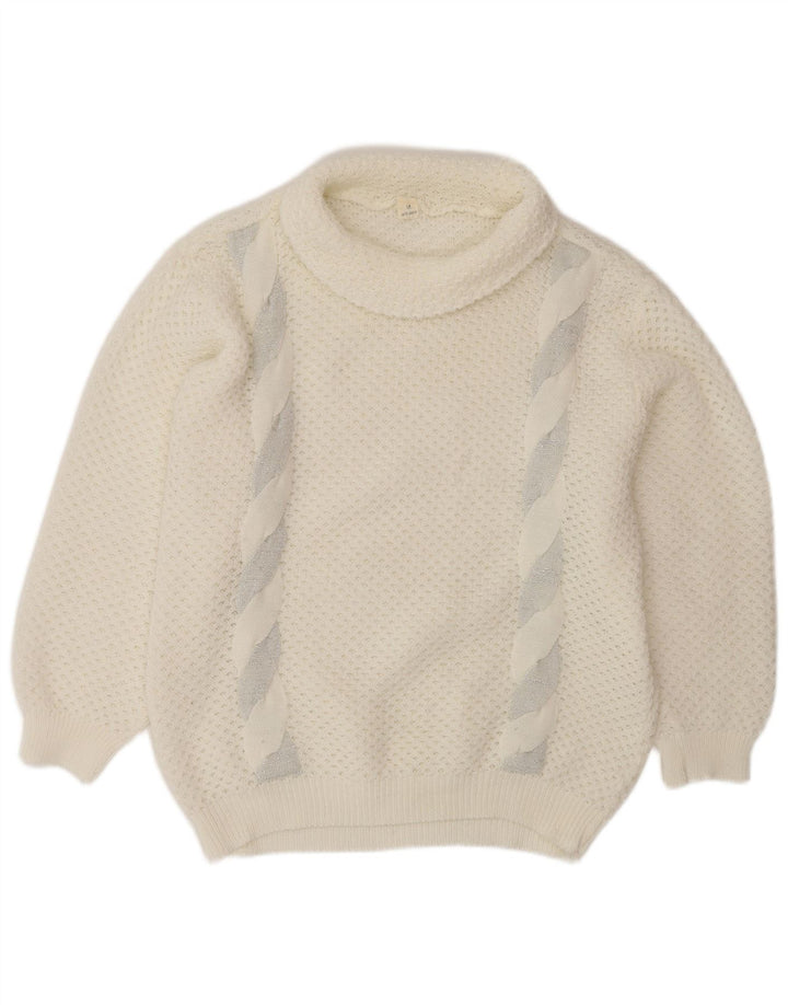 VINTAGE Pull surdimensionné à col roulé pour femme UK 14 Blanc moyen