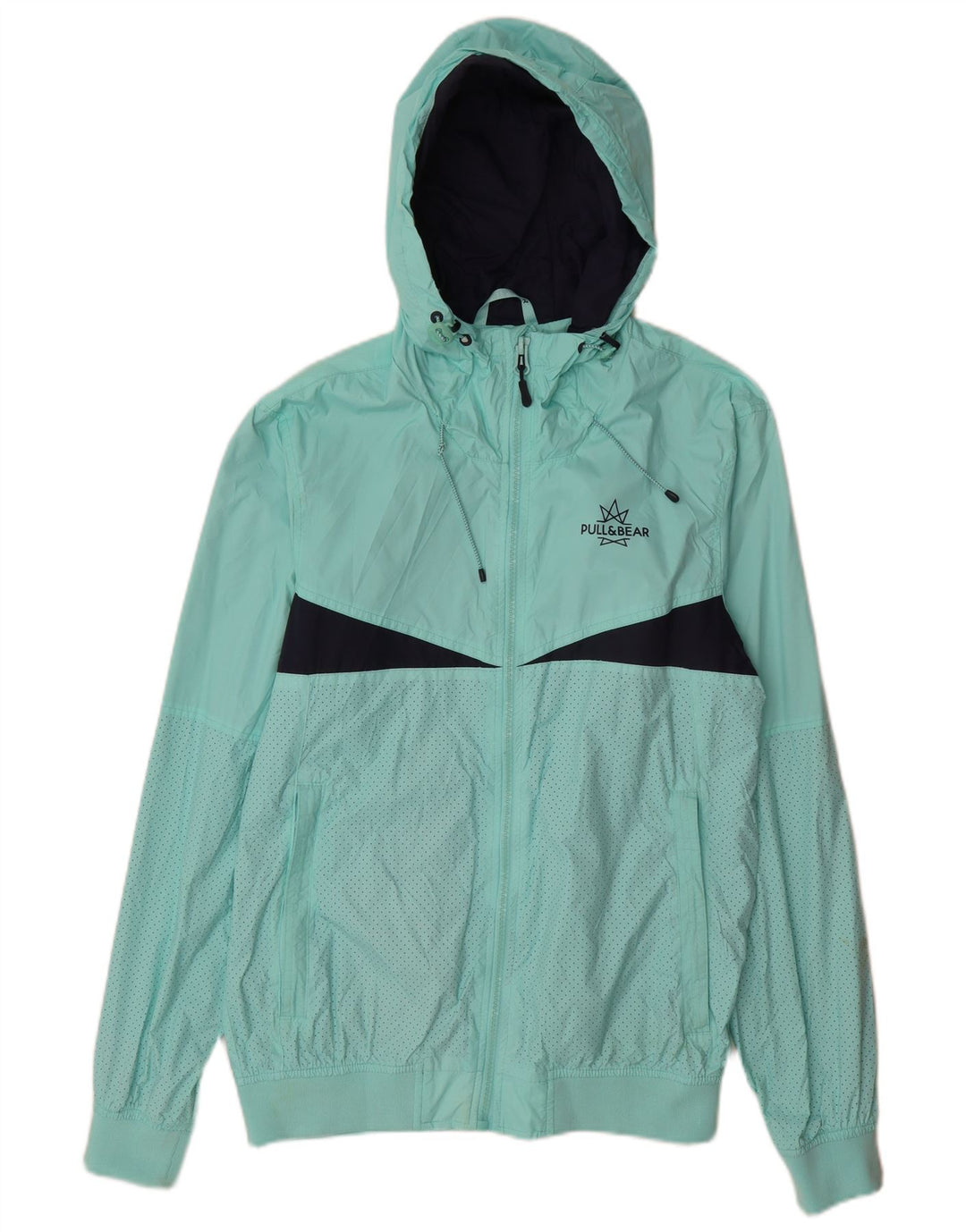 Pull & Bear Veste de pluie à capuche pour homme UK 40 Large Turquoise Colourblock Nylon