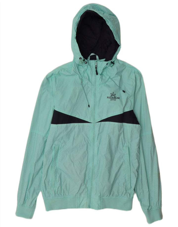 Pull & Bear Veste de pluie à capuche pour homme UK 40 Large Turquoise Colourblock Nylon