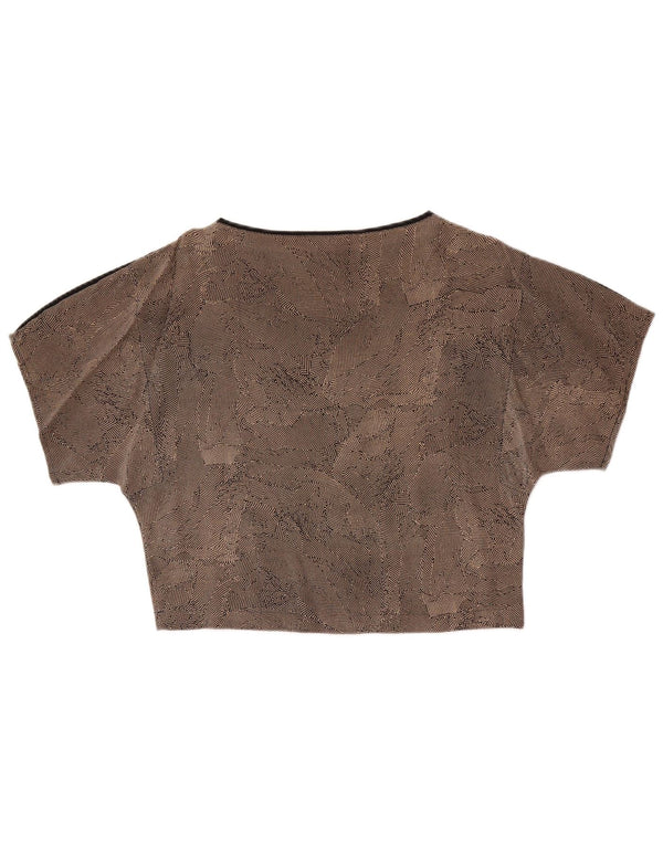 vintage Womens Crop Blouse Top UK 14 Soie tachetée brun moyen