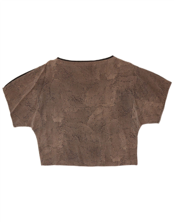vintage Womens Crop Blouse Top UK 14 Soie tachetée brun moyen