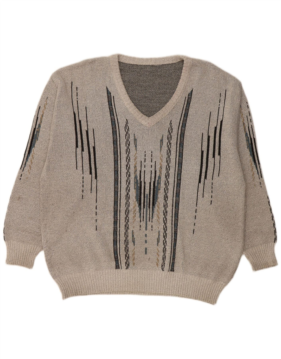 VINTAGE Pull col V homme grand gris géométrique