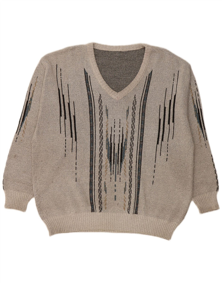 VINTAGE Pull col V homme grand gris géométrique