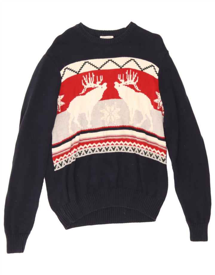 DOCKERS Mens Crew Neck Jumper Sweater Medium Navy Blue Fair Isle Cotton Vintage Dockers and Second-Hand Dockers from Messina Hembry 