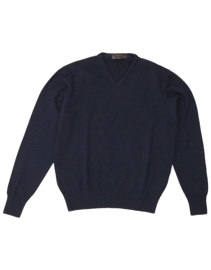 Zara Pull Col V Homme Bleu Marine Moyen Laine