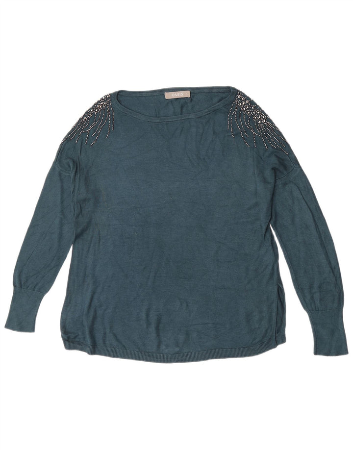 Oasis Pull surdimensionné à col bateau pour femme UK 10 Small Bleu Viscose